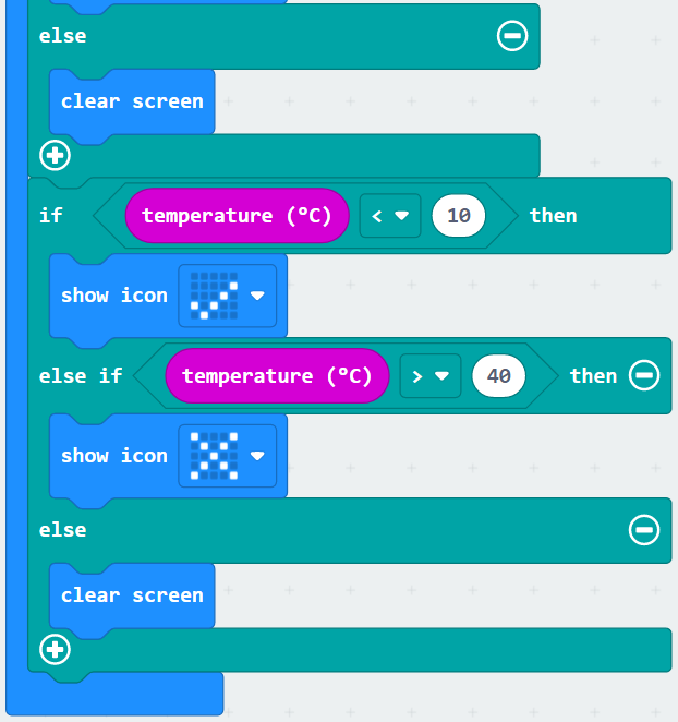 start of new code... if 'temperature' less than 10 then, show icon, else if 'temperature' greater than 40 then, show icon, else, clear screen